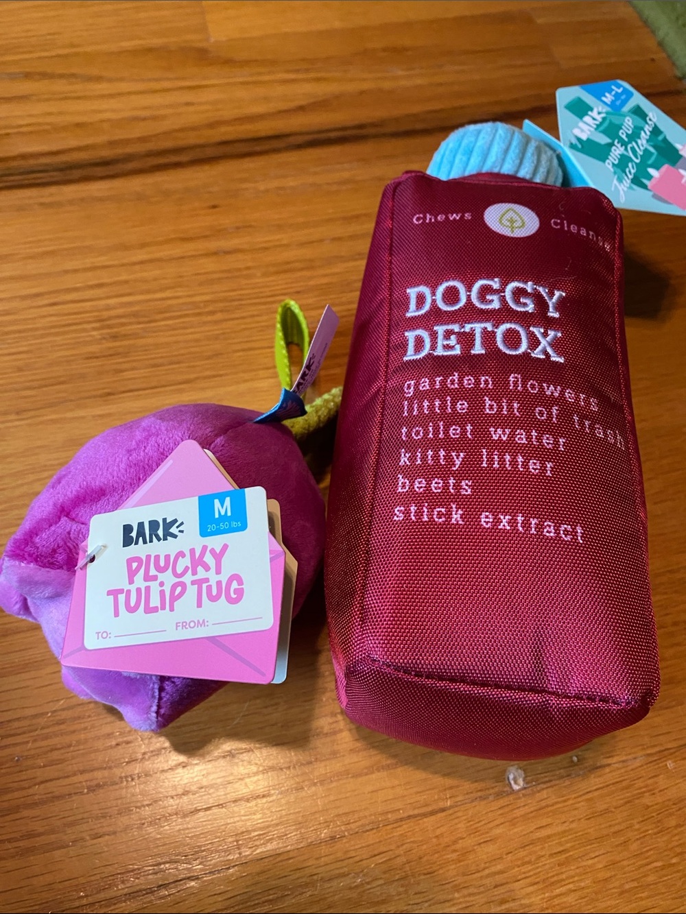 BARK Plucky Tulip Tug & Doggy Detox Plush Toy Set - Pink & Burgundy